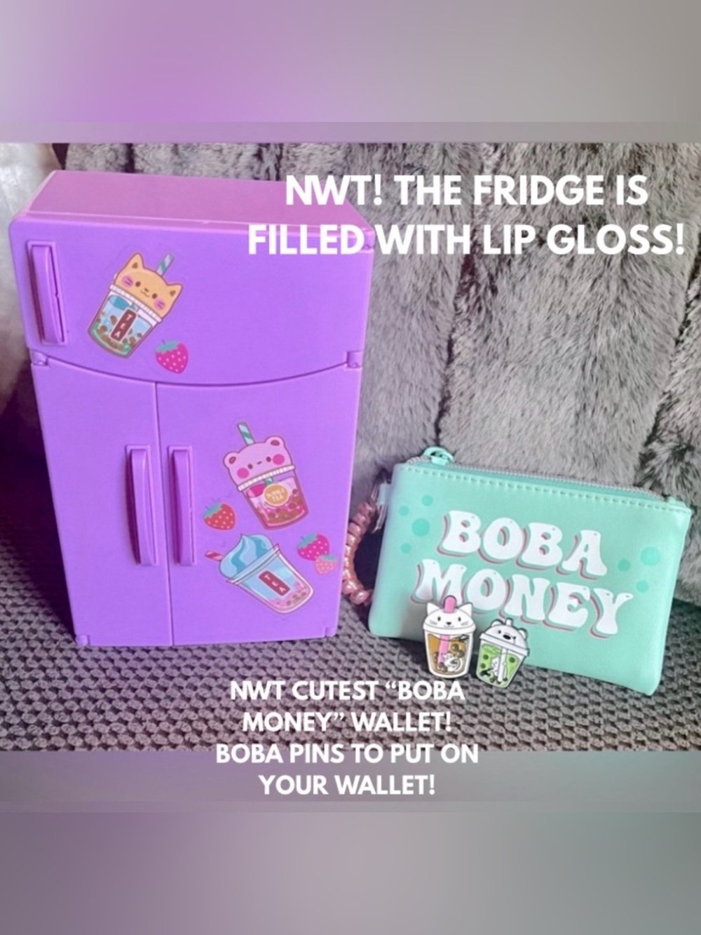 NWT TOY FRIDGE FULL OF NWT LIPGLOSS & I ADDED “BOBA MONEY” WRISTLET, 2 NWT PINS